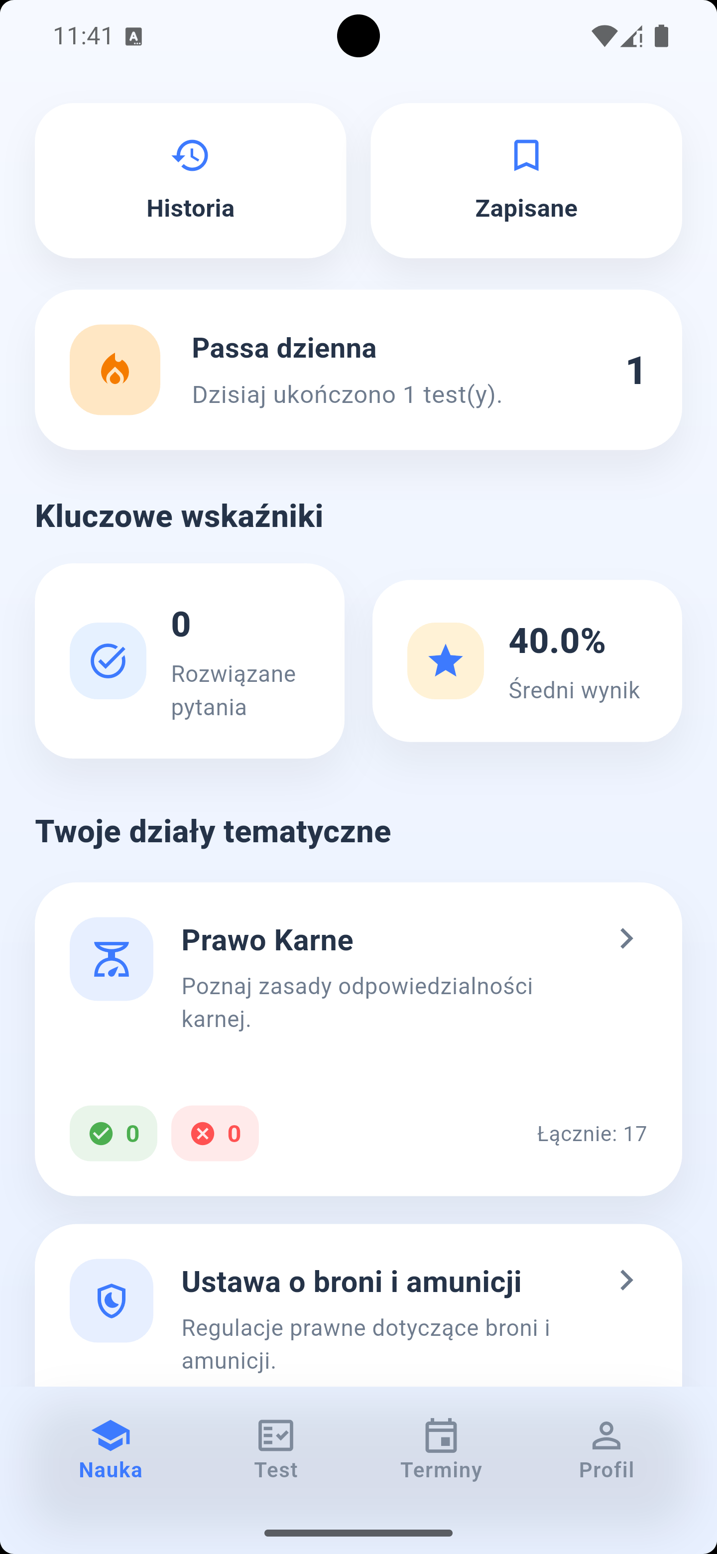 Widok modułów nauki w aplikacji Zdaj Patent